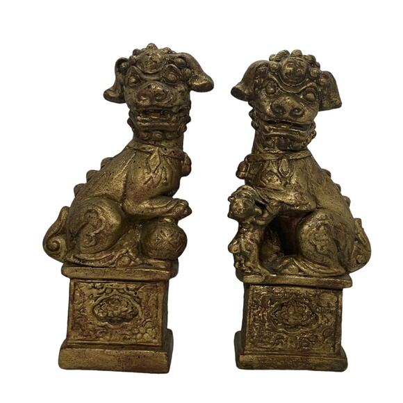Vintage Brushed Gold Foo Dog Chinese Imperial Guardians Lion Bookends- A Pair - Picture 16 of 16